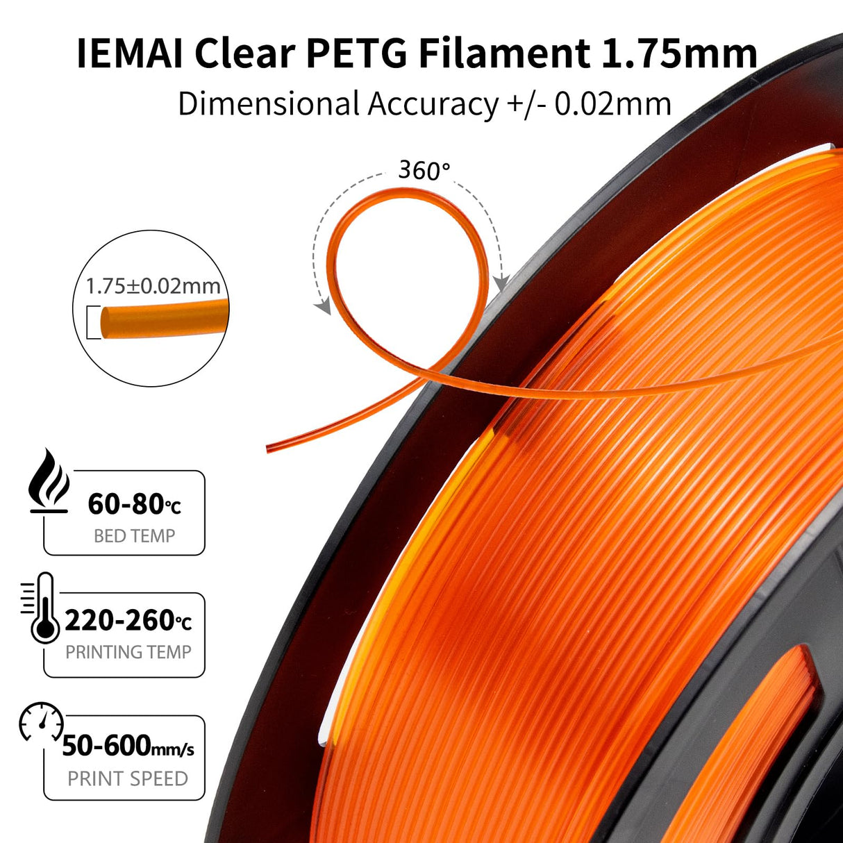 IEMAI Clear PETG Filament 1.75mm Orange 1kg, Crystal Transparent 3D Printer Filament Up to 600mm/s Printing, Good Toughness for Halloween, Christmas & Creative Projects