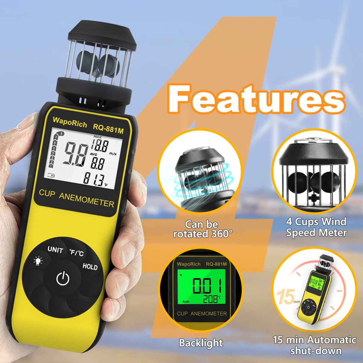 Handheld Anemometer Update Wind Meter with 360° Rotation Any Wind Direction for Measuring Wind Speed, Temperature with LCD Backlight for Shooting, Drone Flying- RQ-881M
