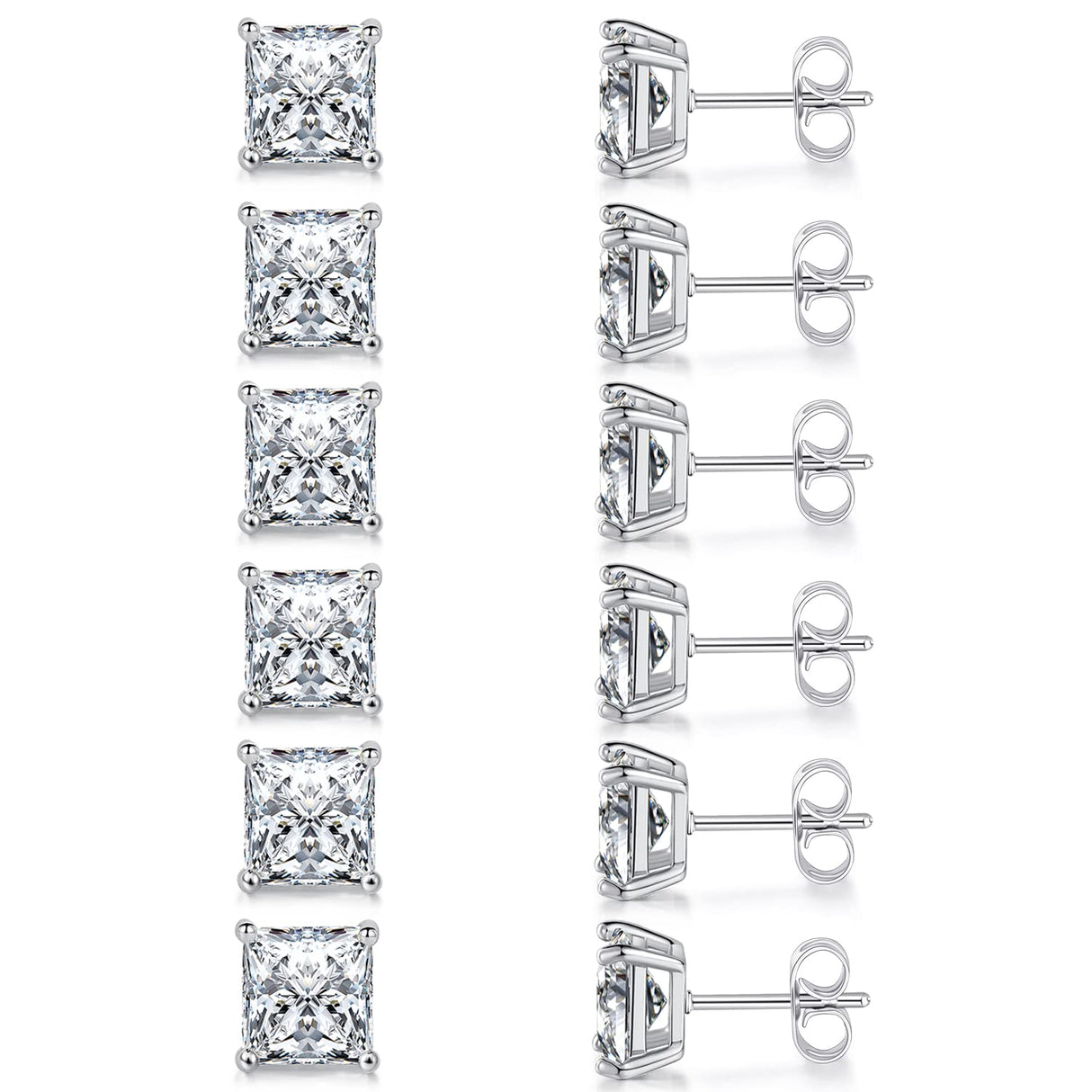 MDFUN 18K White Gold Plated 7.0 mm Princess Cut Clear CZ Stud Earrings Set