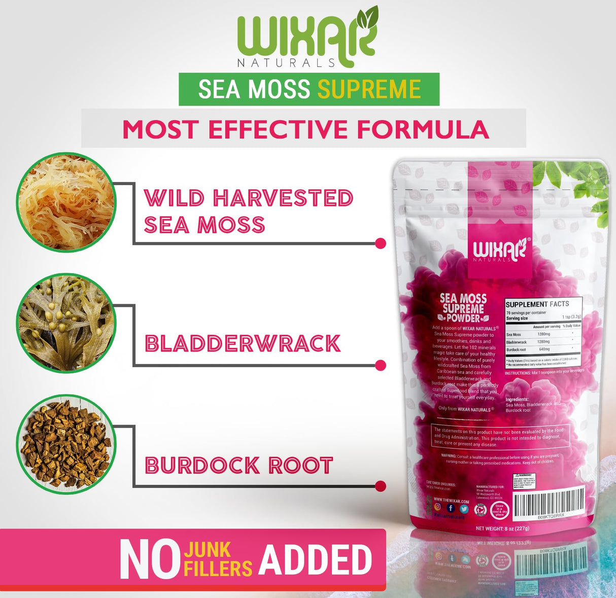 Wixar Wildcrafted Sea Moss Powder – (8 Ounces) – Natural Irish Sea Moss and Bladderwrack with Burdock Powder - Thyroid Support, Healthy Skin, Keto Detox, Joint Support Alkaline Supplements