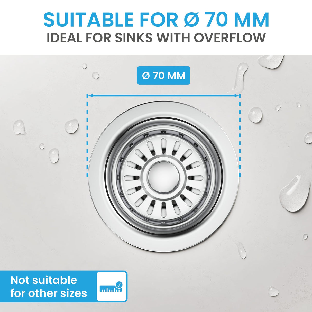 Bchlein Pop Up Drain Fitting with Overflow for the Sink, 70mm, Stainless Steel & Silicone, Kitchen Sink Drain