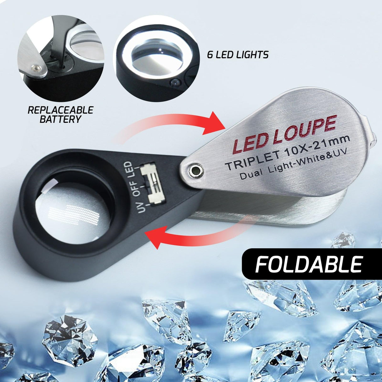 Gain Express Jewelers Loupe Magnifier, Jewelry Loop Magnifier with Light, Hastings Triplet Loupe 10X for Coin, Gem, Stamp, Diamond etc (White LED & UV Light)