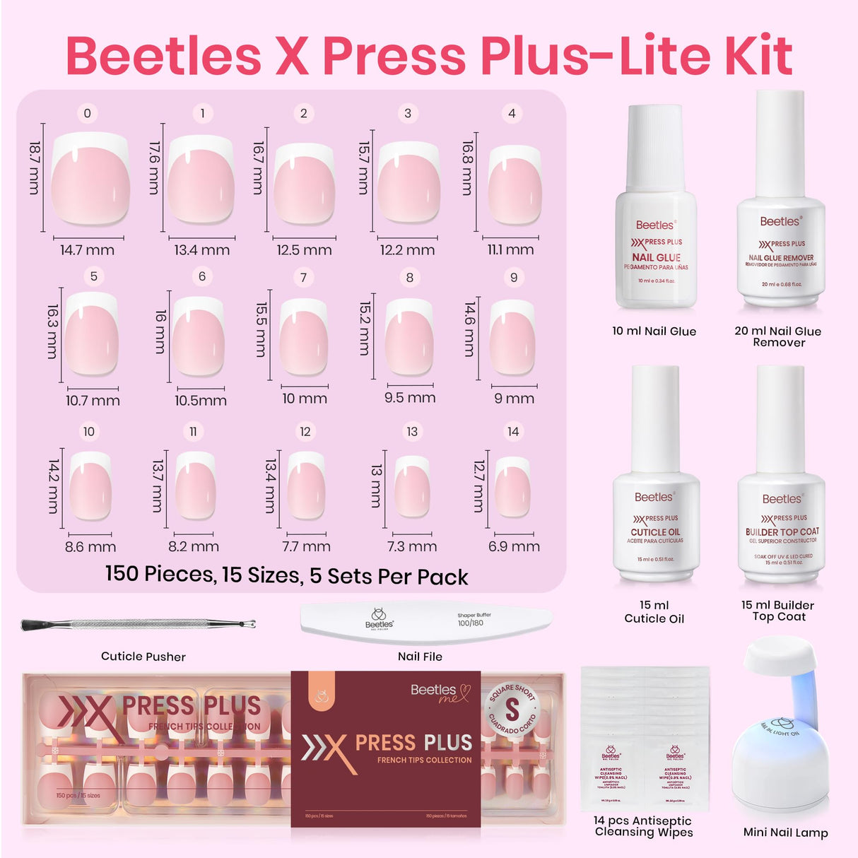 Beetles X Press Kit Gel Nail Kit, Short Square French Tip Press On Nails Kit with 150Pcs French Nail Tips Nail Glue & Remover Builder Top Coat Mini Nail Lamp All-in-One DIY Nail Kit Gift for Women