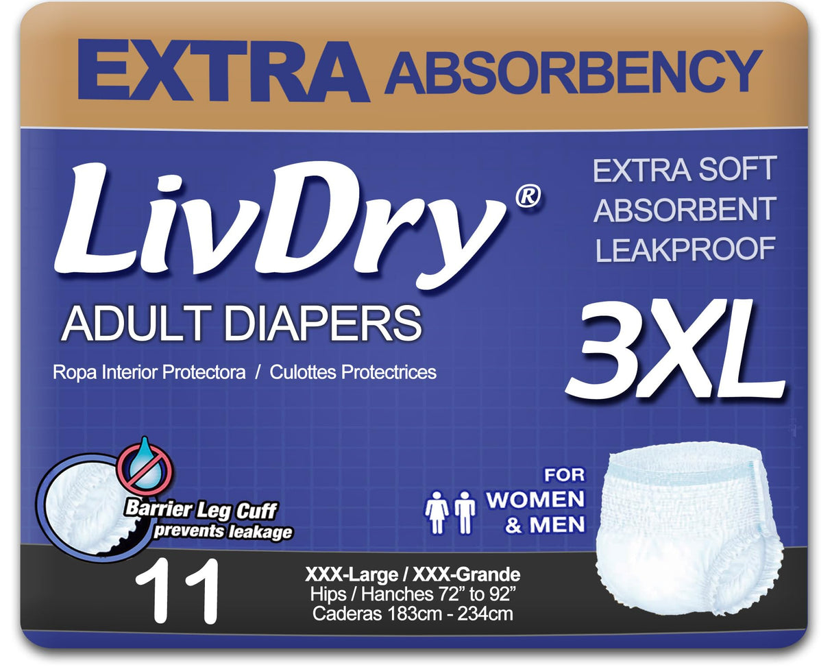 LivDry Adult Incontinence Underwear, Extra Absorbency Adult Diapers, Leak Protection (XXX-Large (11 Count))