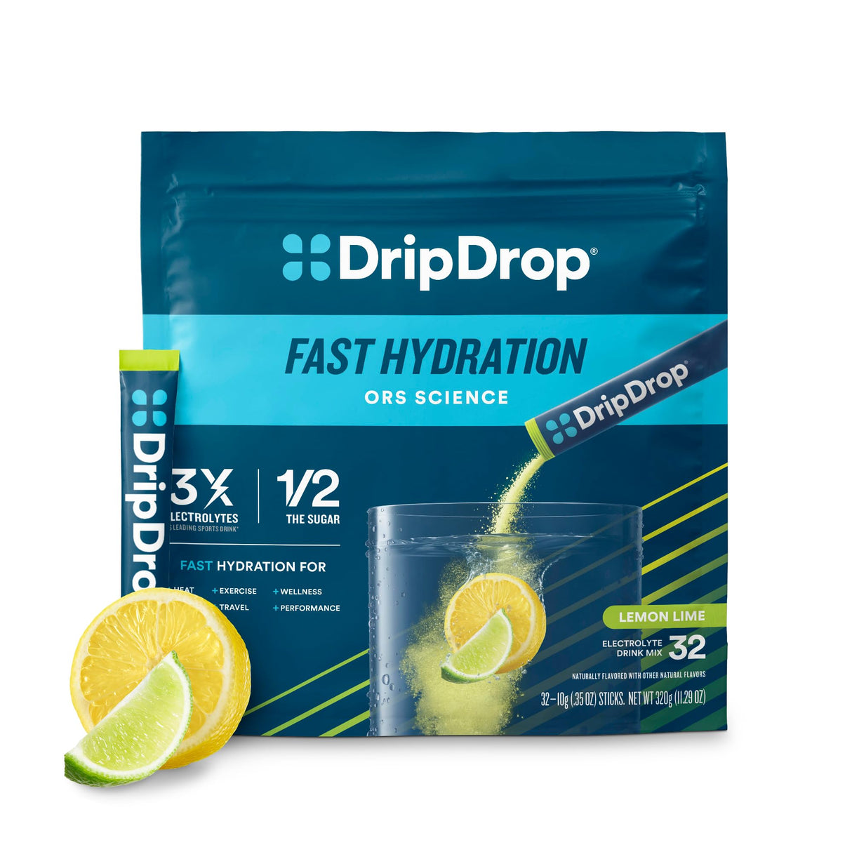 DripDrop Hydration Packets - Lemon Lime - Single Serve Electrolytes Powder Drink Mix - Non-GMO, Gluten Free, Vegan - 32 Sticks