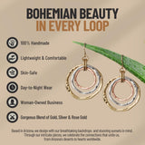 SPUNKYsoul 3 Circle Earrings for Women - Handmade, Lightweight 2-Inch Dangle - Bohemian Earrings - Trendy, Vintage, Unique Jewelry - Ideal for Weddings & Gifting - 3-toned(Gold, Silver, Copper)