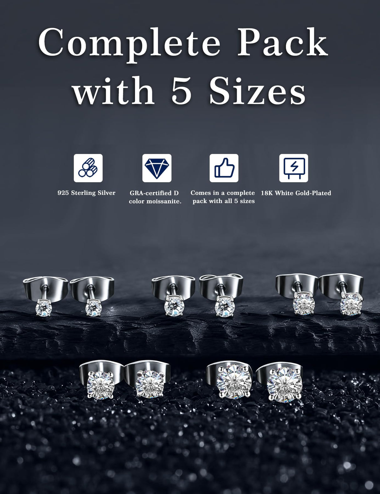 Kosuwo Moissanite Stud Earrings Set, 925 Sterling Silver, 18K White Gold Plated, Hypoallergenic, 5 Pairs, for Women and Men (18K White Gold)
