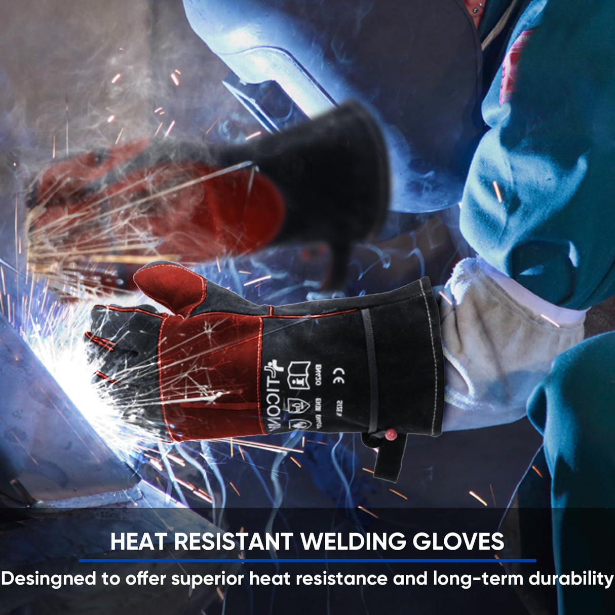 TICONN 16 Inch Welding Gloves, 1000°F Heat-Resistant Fireproof Leather Gloves for Welders, Stick, Forge, Mig, Tig, BBQ, Baking, Oven (Black/Red, L)