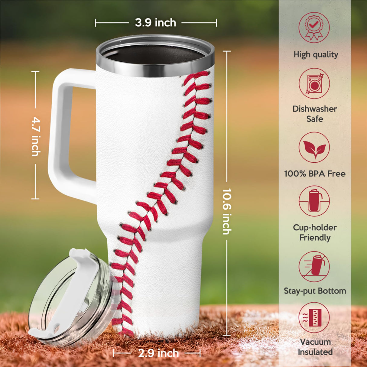 SANDJEST Baseball Tumbler with Handle 40oz, Insulated Stainless Steel Cup with Lid & Straw, Gifts for Men, Boys, Players, Coaches, Sports Lovers, Christmas, Birthday