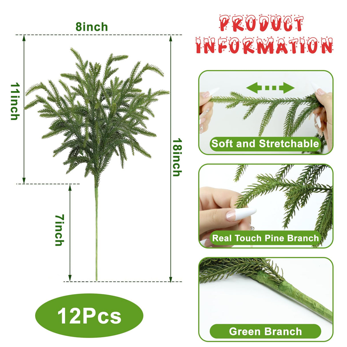 Artgar 12 Pcs Pine Branches - 18 Inch Artificial Green Pine Stem - Real Touch Christmas Greenery Pines Branches for DIY Flower Arrangement Home Indoor Christmas Decor