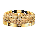 WFYOU 3PCS Stainless Steel Imperial Crown Bracelets for Men Gold Roman Numeral Bangle Bracelet Adjustable Cuff Bracelet Mens Luxury Jewelry Gifts (01:Gold-Cubic Zirconia)