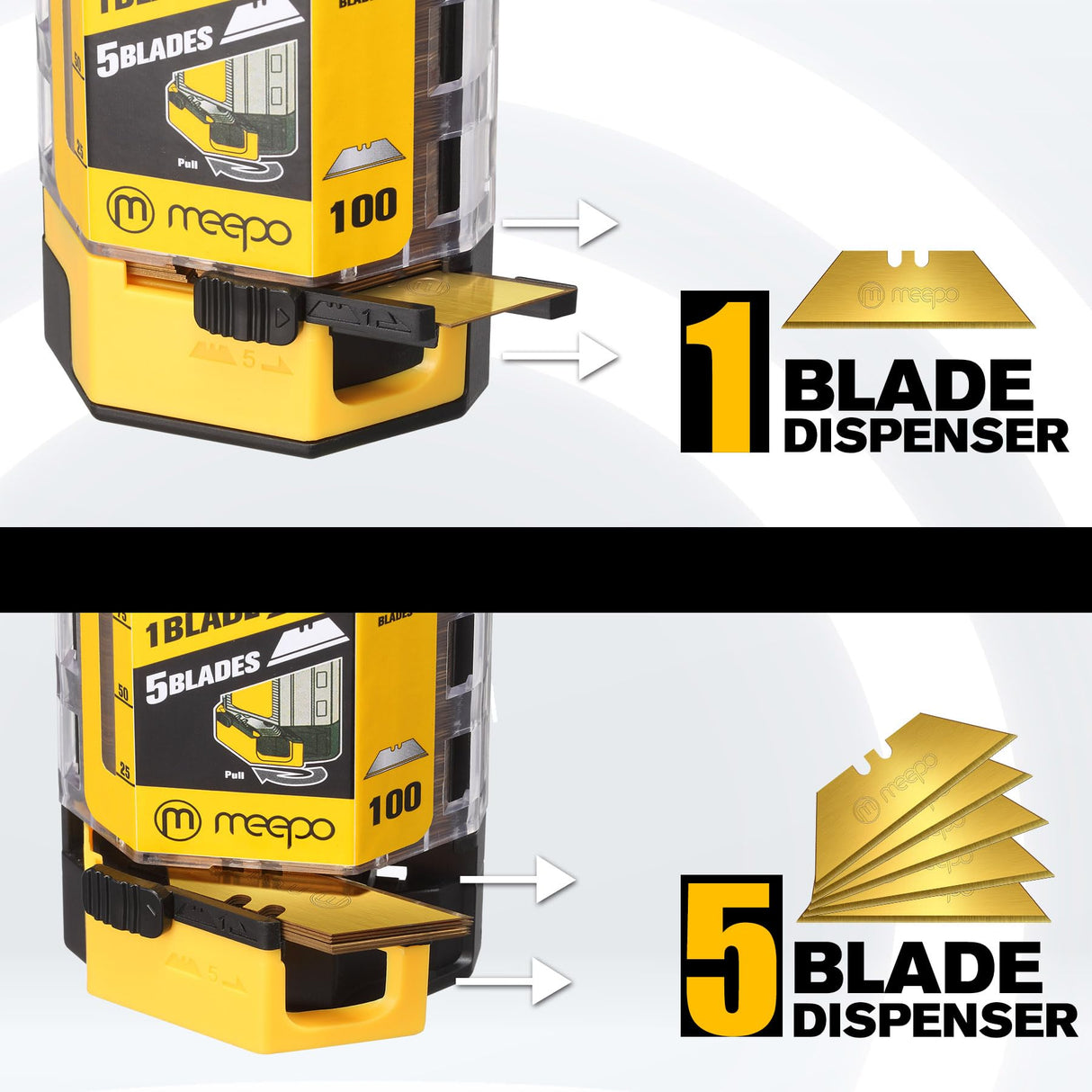M MEEPO 100-Pack Utility Knife Blades, Titanium Fully Plated, Durable SK-2 Razor Blades for Utility Knife Box Cutter, Never Rust, Extra Durable, With 1-blade & 5-blade Dispenser