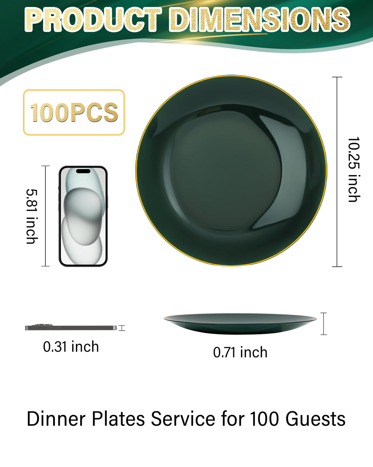 Nervure 100Pcs Green and Gold Plastic Plates - 10.25inch Disposable Green Dinner Plates - Heavy Duty Plastic Plate Ideal for Wedding & Party & Christmas
