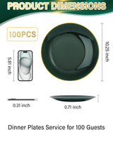 Nervure 100Pcs Green and Gold Plastic Plates - 10.25inch Disposable Green Dinner Plates - Heavy Duty Plastic Plate Ideal for Wedding & Party & Christmas