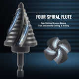 Step Drill Bit Set, 5PCS Four Spiral Flute Step Bits for Metal, 50 Sizes Titanium-Coated HSS Drill Bits with 1/4" Hex Shank for Stainless Steel Aluminum Wood Plastic