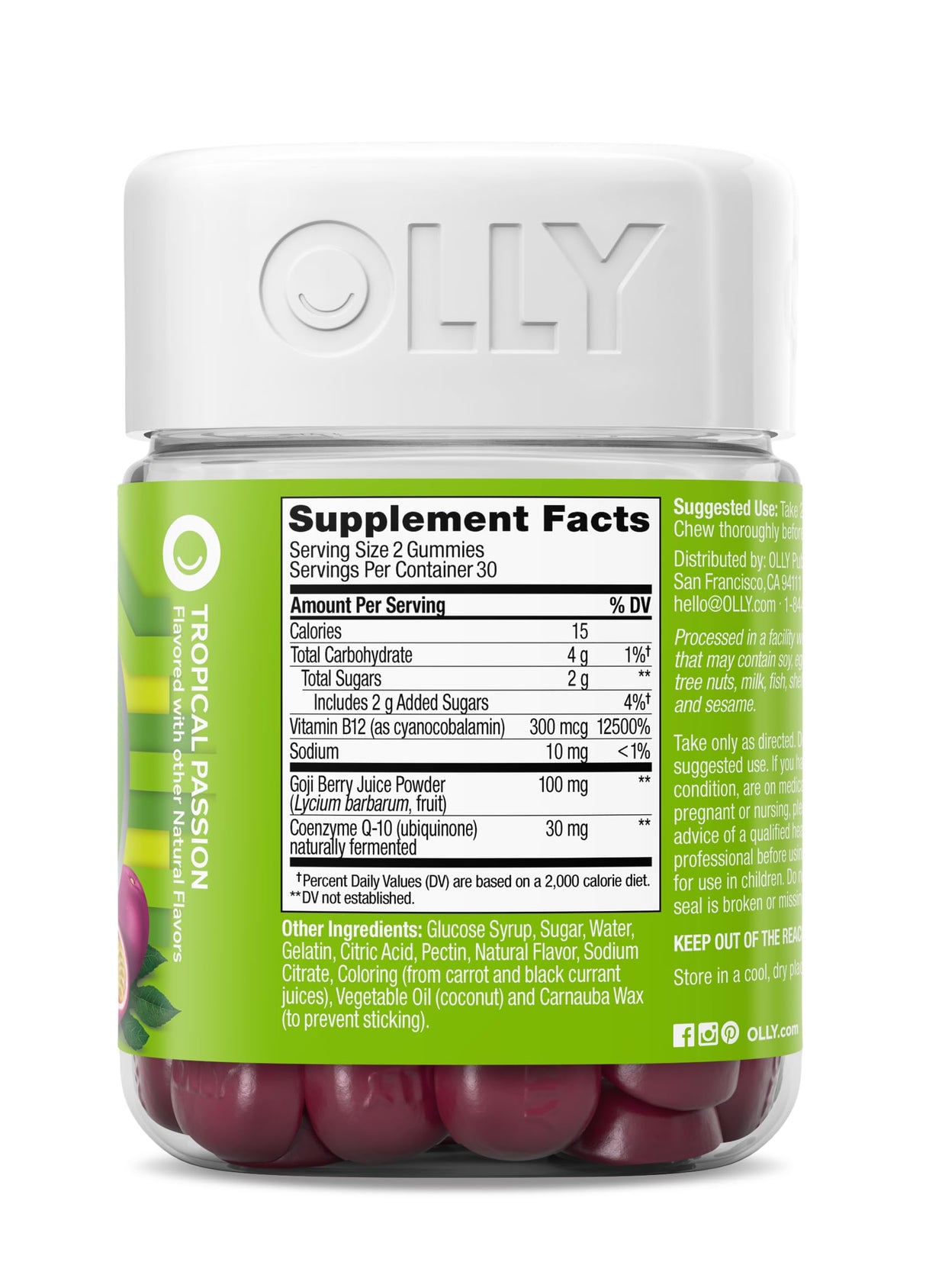OLLY Daily Energy Gummy,Caffeine Free,Vitamin B12,CoQ10,Goji Berry,Adult Chewable Supplement,Tropical Flavor -,60 Count (Pack of 2)
