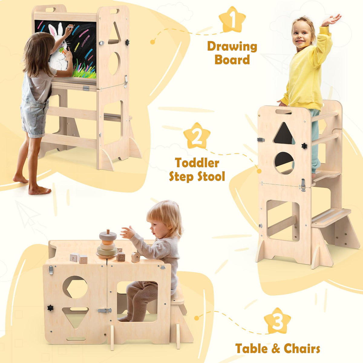 OMEW Toddler Standing Tower Anti-Tip Wooden Kitchen Step Stool，Nature