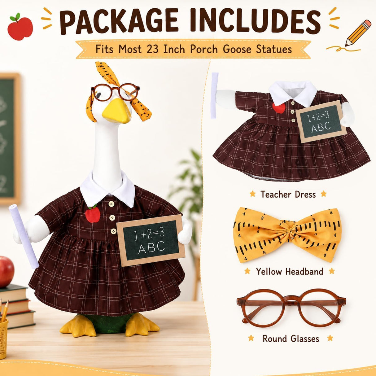 23" Back to School Porch Goose Outfits Teacher Lawn Costume Goose Costume Set Chalkboard Dress Glasses Porch Geese Costumes First Day of School Decoration for Garden Yard Patio Statue Supplies