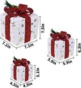 Set of 3 Christmas Lighted Gift Boxes, Pre-lit 60LED Light Up Present Boxes Ornament Outdoor, Boxes with Gold Snowflake, Battery Operated Christmas Decorations for Indoor Home, Party, Lawn Decor