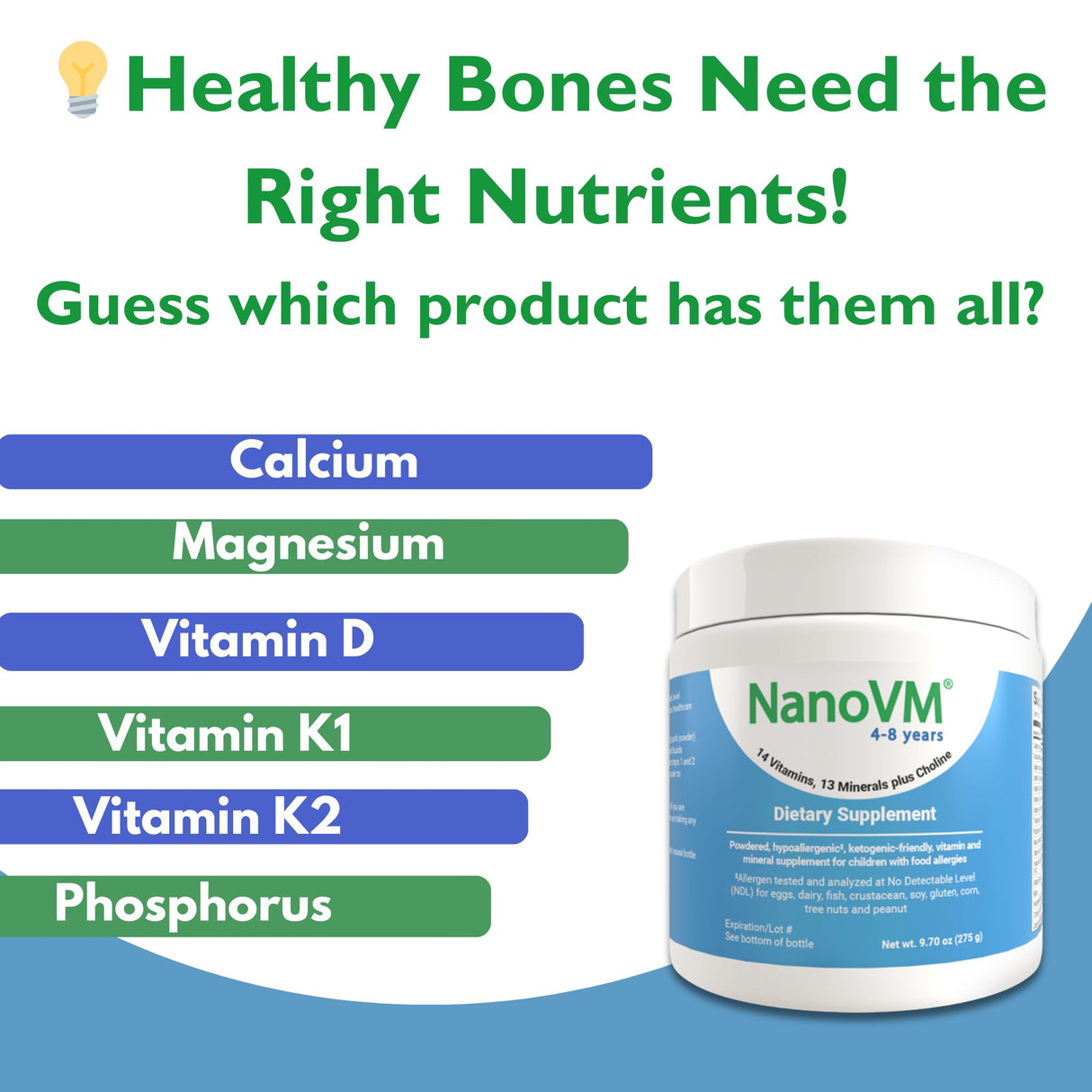 NanoVM 4-8 Years, Allergen-Free Kids Multivitamin, Unflavored Powdered Vitamins, Multivitamin Powder with 14 Vitamins & 13 Minerals, Low-Carbohydrate Vitamin Supplements, 275g - Solace Nutrition