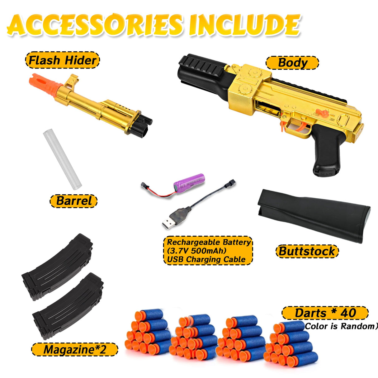 BYTEWAR Electric Golden AK-47 Realistic Soft Bullets Toy Gun,Foam Blasters Toys with 40 Foam Darts & 2 Magazines,Automatic Sniper Rifle for Kids Ages 6+ Years Old,Christmas Birthday Gift for Boys