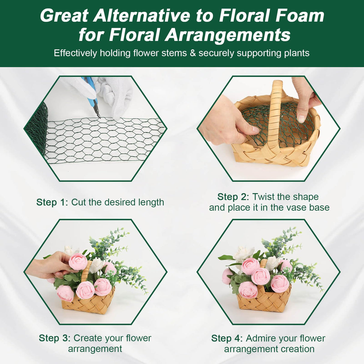 ROADPLUM 4 × 236 in Floral Wire Netting, Green Chicken Wire for Floral Arrangements, Galvanized Coated Chicken Mesh Netting with Plier & Plant Ties for Floral Supplies | Garden Fencing | DIY Craft