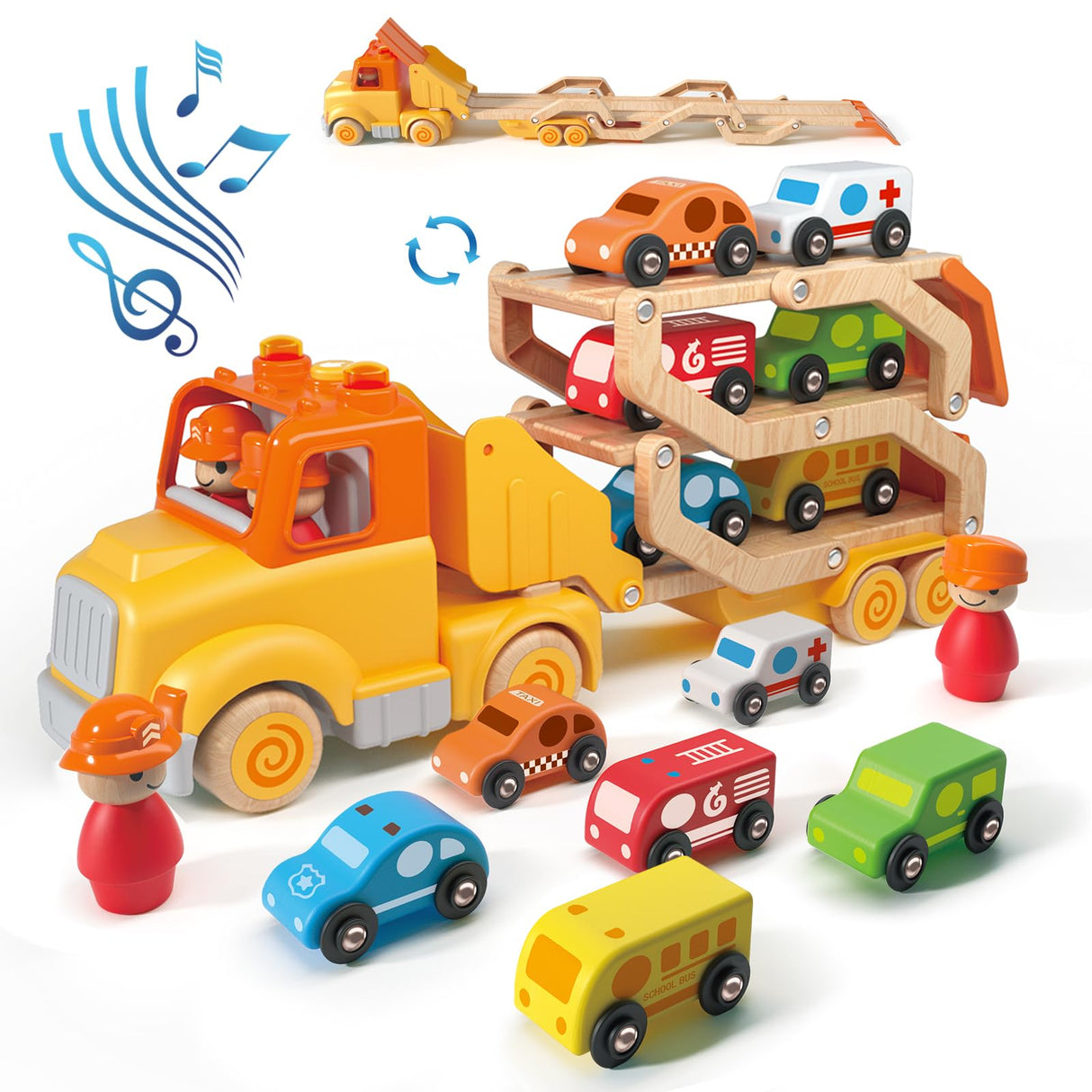 Toddler Toys for 2 3 4 5 Years Old Kids, Transport Car Carrier Truck Toy with 6 Wooden Vehicle, 30in Foldable Track Trailer with Light & Sound Effects, Best Gift Choice for Christmas, Birthday