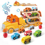 Toddler Toys for 2 3 4 5 Years Old Kids, Transport Car Carrier Truck Toy with 6 Wooden Vehicle, 30in Foldable Track Trailer with Light & Sound Effects, Best Gift Choice for Christmas, Birthday