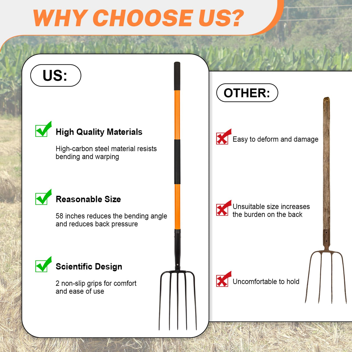 Nohovu 5 Tine Pitchfork for Gardening, Heavy Duty Pitchfork with Fiberglass Handle, Garden Fork for Mulching, 58 Inches