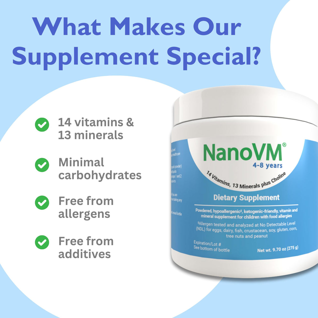 NanoVM 4-8 Years, Allergen-Free Kids Multivitamin, Unflavored Powdered Vitamins, Multivitamin Powder with 14 Vitamins & 13 Minerals, Low-Carbohydrate Vitamin Supplements, 275g - Solace Nutrition