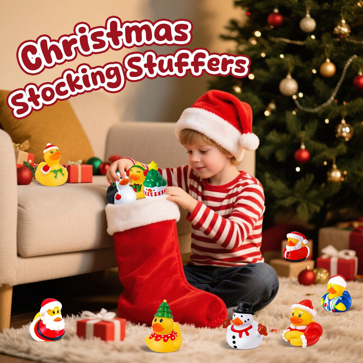 24 Pcs Christmas Rubber Ducks with a Bag, Christmas Stocking Stuffers for Kids, Santa Duckies for Xmas Party Favors Decorations, Ducks for Jeeps Classroom Gift Exchange, Baby Bath Toys