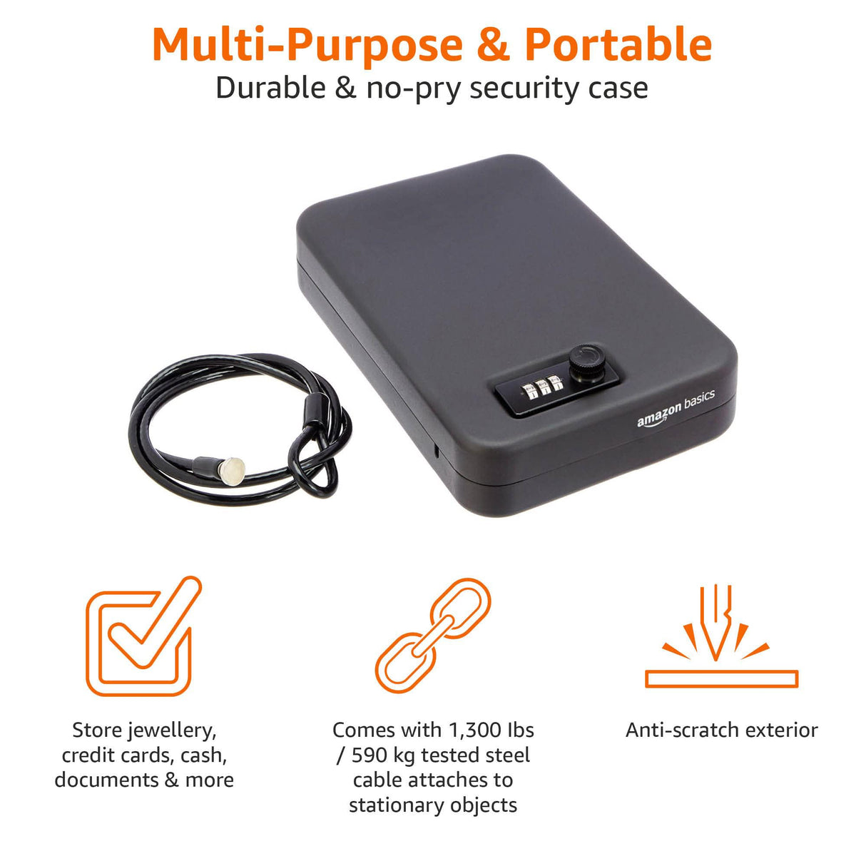 Amazon Basics Portable Security Case Lock Box Safe with Combination Lock for Documents, Valuables, Personal Items, Dorm Room, Home, Large, Black