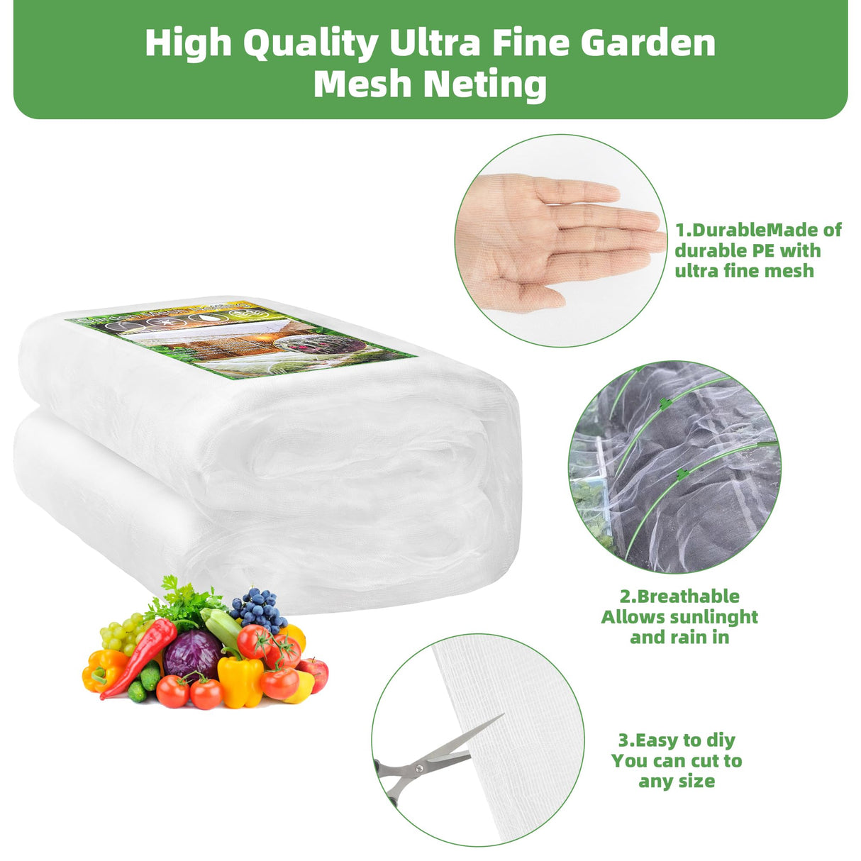 U0U Garden Mesh Netting Kit,7.8 x 24 Ft Plant Netting with Hoops,Bird Net for Garden with 6 Sets Garden Hoops & 18 Clips,Garden Net Bed Cover for Plants Birds Animals Protection (White)