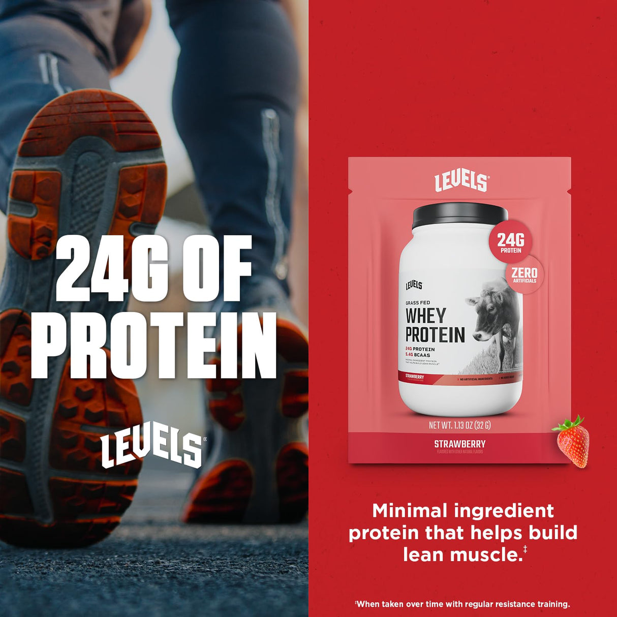 Levels Grass Fed Whey Protein Powder, No Artificials, 24G of Protein, Strawberry, 12 Count