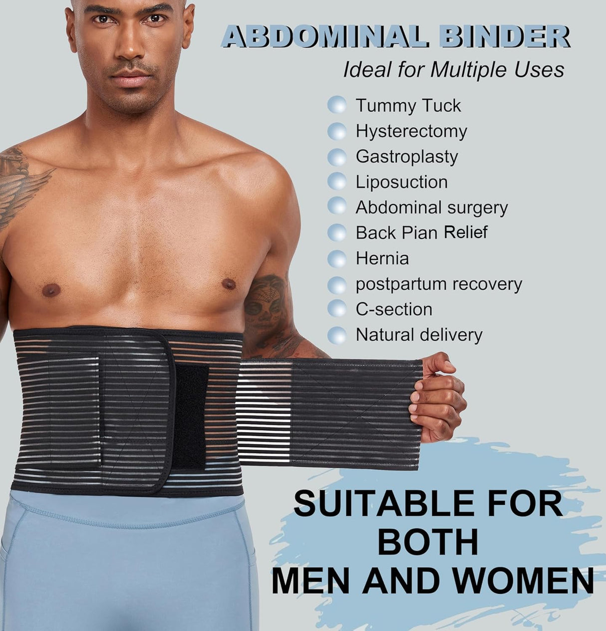 Abdominal Binder Post Surgery Hernia Support Belt Belly Wrap for Men Women, Post-Surgery Stomach Compression Belly Band for Post C Section, Natural Birth, Abdominal Injuries (Black, Small/Medium)