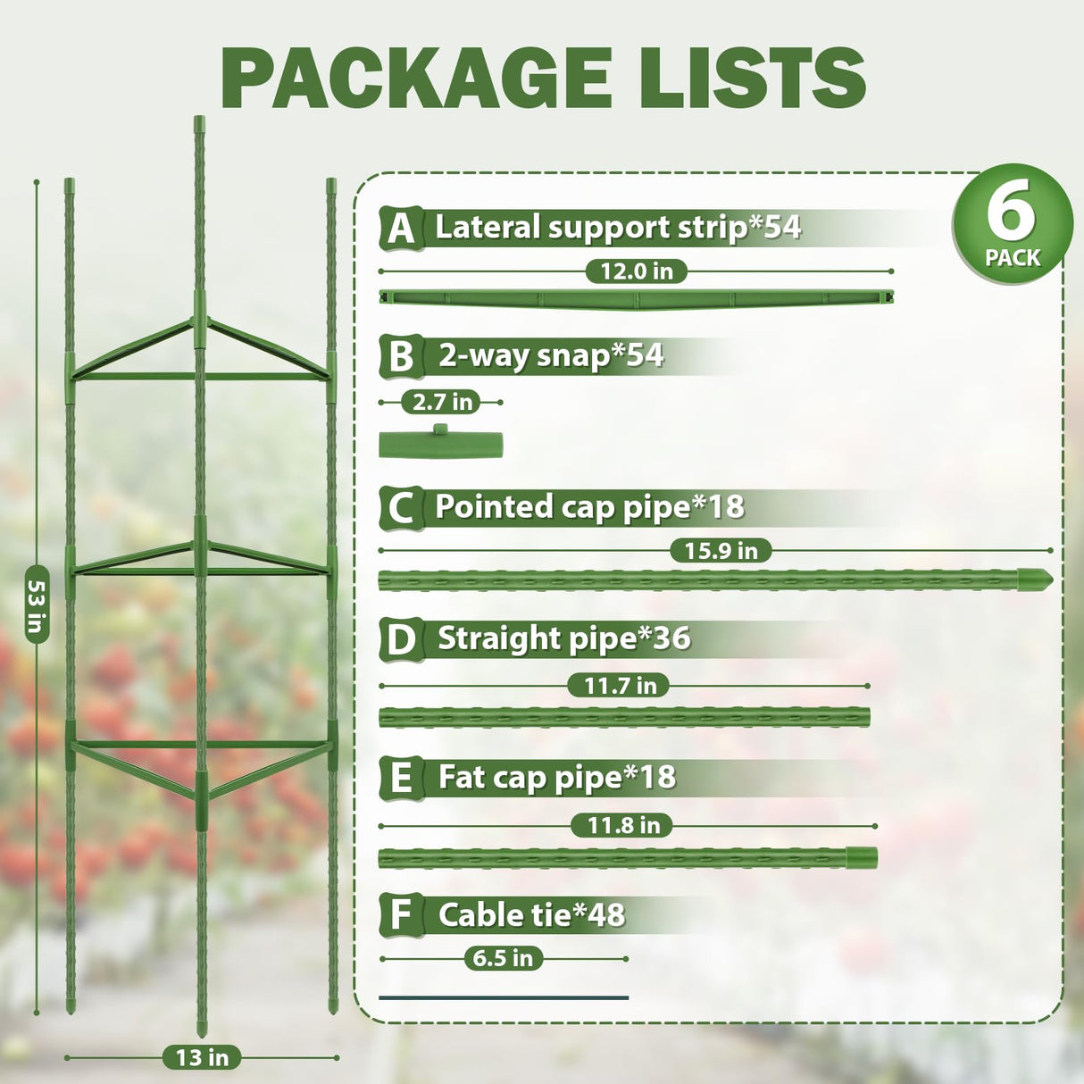 Tegarbed 6 Pack 48 Inch Tomato Cages for Garden Plant Supports