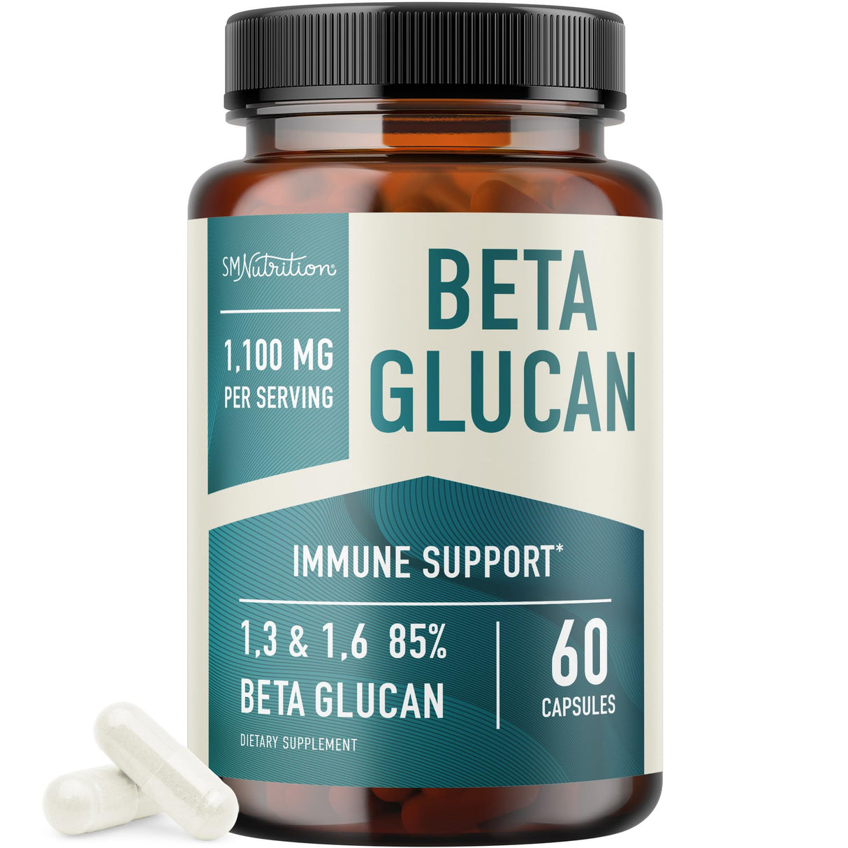 Beta Glucan Supplement 1100mg for Immunity, Skin & Gut Support | 1,3D & 1,6 Beta Glucans Extra Strength Formula | 85% Concentrated & Over 500mg Per Capsule | Non-GMO, Vegan, Gluten-Free 60ct