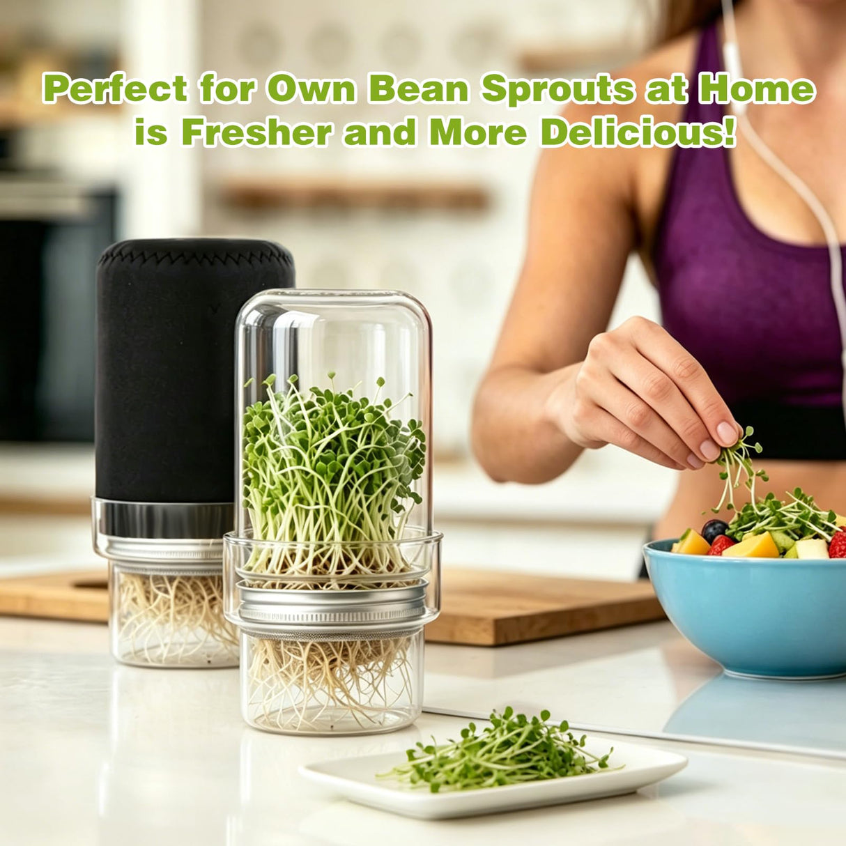 Sprouting Kit, 2 Wide Mouth Sprouting Jar with Stainless Steel Screen Sprout Lids, Blackout Sleeves, Drain Cover, Sprouts Growing Kit for Broccoli, Mung Beans, Alfalfa & Microgreens