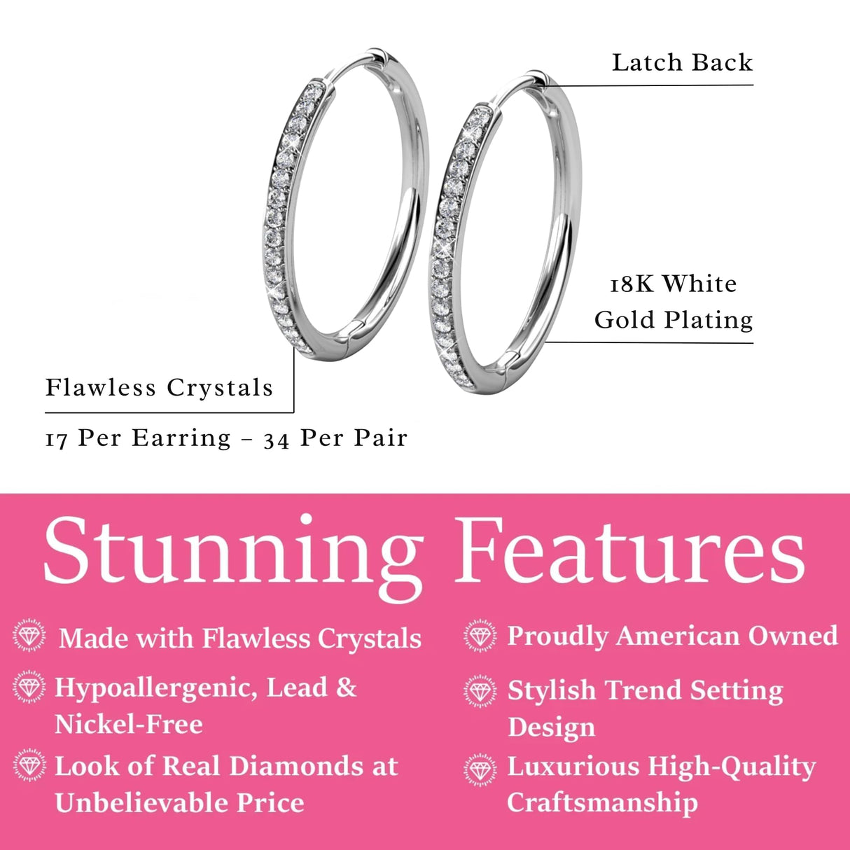 Cate & Chloe Bianca 18K White Gold-Plated Hoop Earrings |Dainty Jewelry for Women | Round Cut Simulated Diamond Crystals | 25mm Sparkling Small Hoops | Mother's Day, Birthday Gift for Her