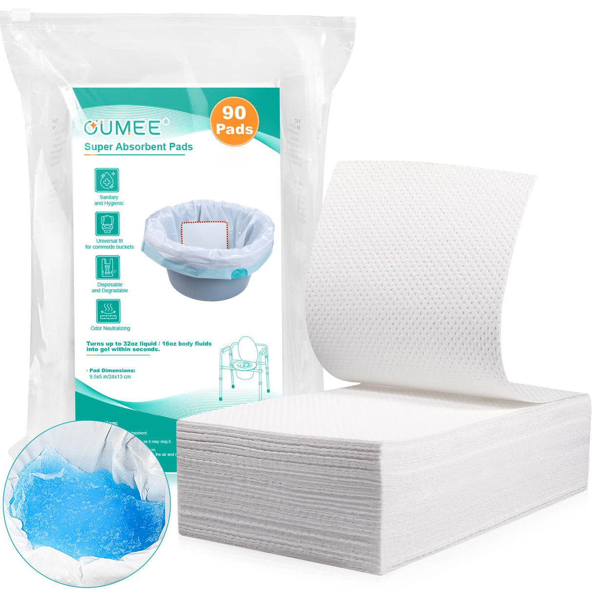 Oumee 90 Count Absorbent Commode Pads for Bedside Commode Bucket, Commode Liners Pads with Absorbent Gel, Potty Liner Pads for Adults Portable Toilet Bags Bedpans