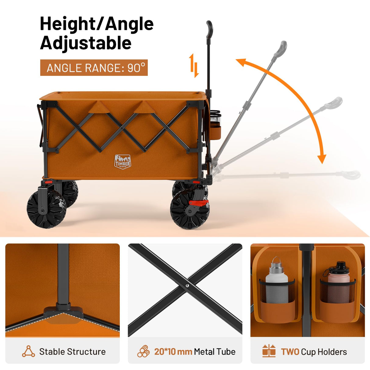 TIMBER RIDGE Outdoor Collapsible Folding Wagon with Brakes and Cup Holders, 500lbs Heavy Duty All Terrain Wheels Utility Cart for Shopping Camping Garden Sports, Orange