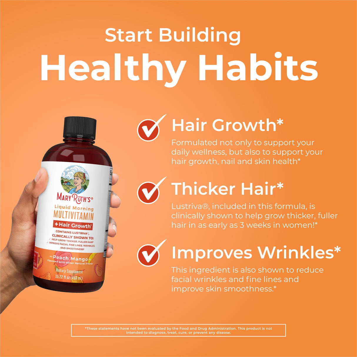 MaryRuth Organics Liquid Multivitamin + Hair Growth | Biotin 10000mcg | Lustriva Hair Growth Supplement | Clinically Tested in Women for Thicker Hair & Facial Wrinkle | Skin Care | 18+ | 15.22 Fl Oz