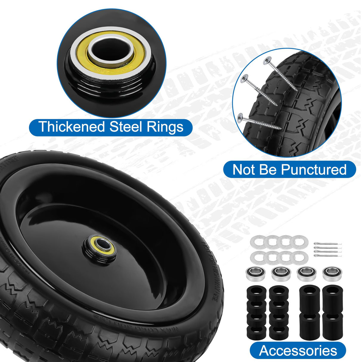 phepetroll 13 Inch Flat Free Wheels Tires 4.00-6 Solid Replacement with Universal 5/8" Axle Bore Hole, 8 Spacers and 4 Pins, for Wheelbarrow, Garden Wagon, Hand Truck, Trolley, Lawn Mower, 2 Pack