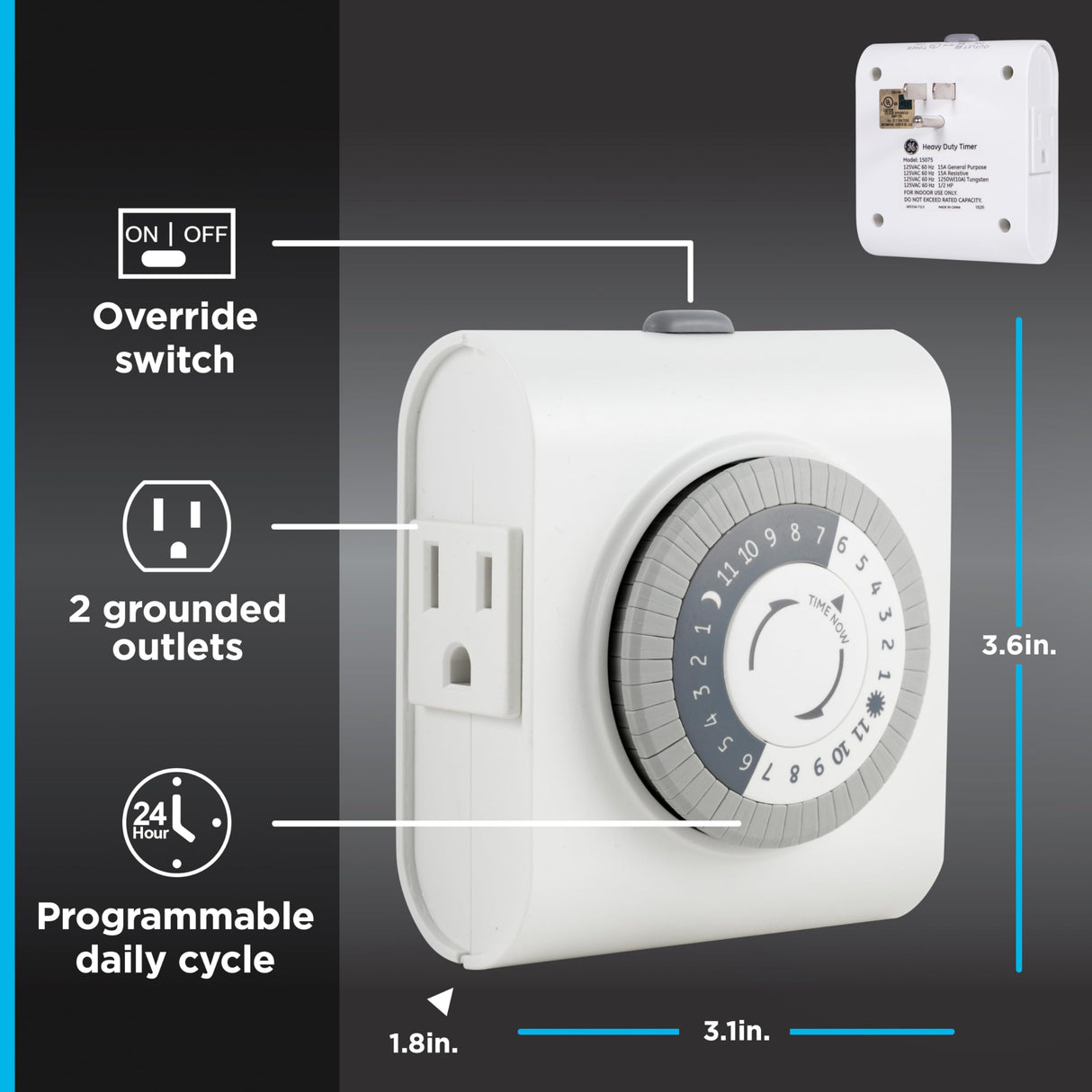 GE 24‑Hour Mechanical Outlet Timer Switch, Dual Grounded Plug‑in Control for Indoor Lighting, Lamps, Christmas Trees, Fans and Small Appliances (2 Pack), 46211