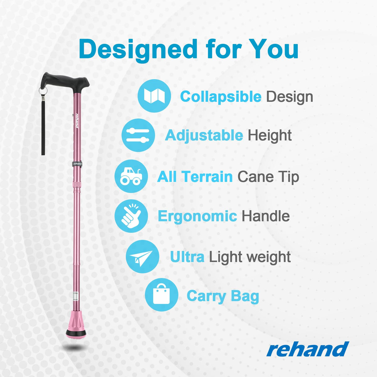 REHAND Walking Cane - Foldable, Adjustable, Collapsible Walking Canes for Men & Women, Pivot Tip, with Travel Bag | Walking Sticks for Seniors & Adults [Pink]