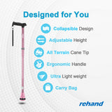 REHAND Walking Cane - Foldable, Adjustable, Collapsible Walking Canes for Men & Women, Pivot Tip, with Travel Bag | Walking Sticks for Seniors & Adults [Pink]