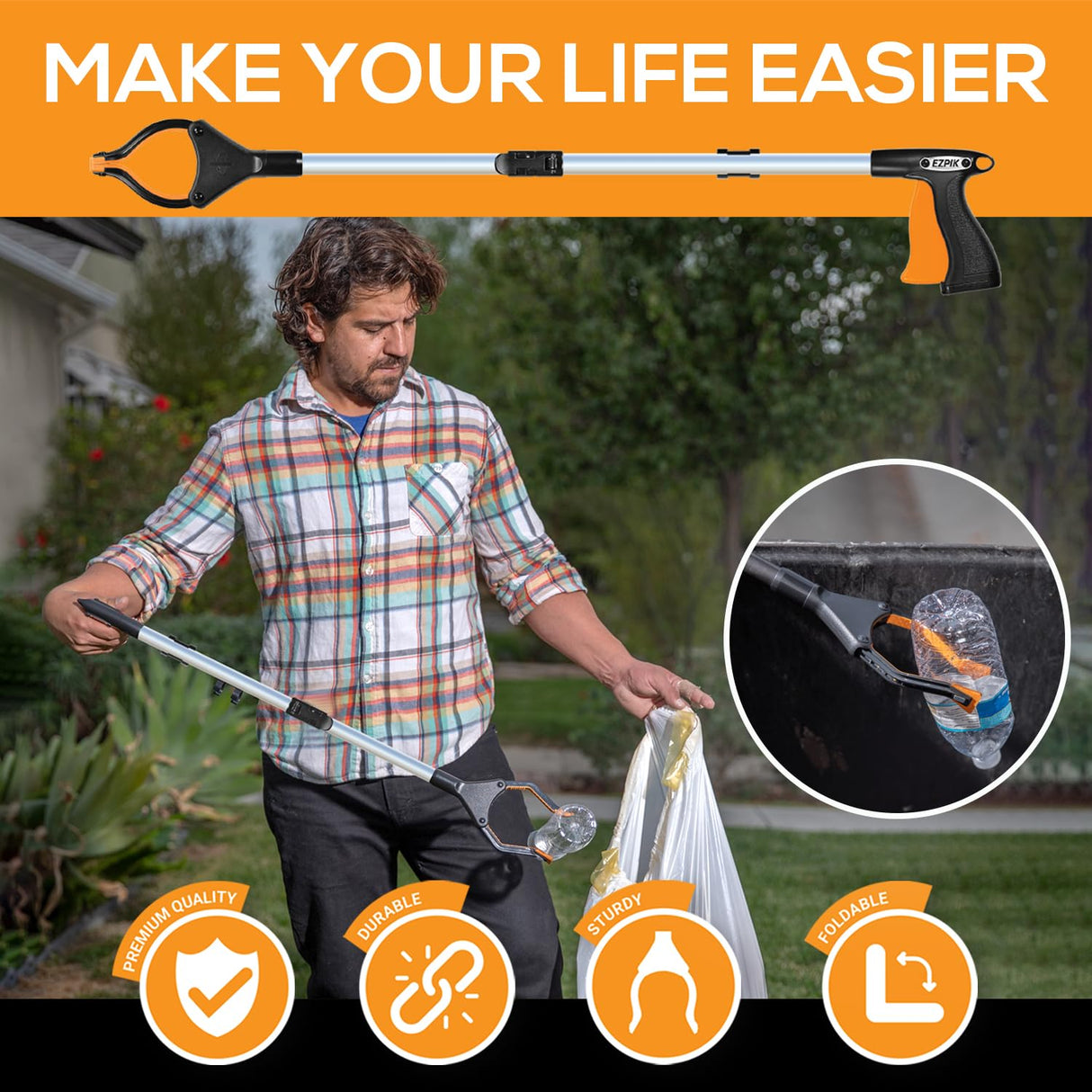 EZPIK Grabber Reacher Pro (43-inch), Premium Trash Picker with Comfortable Ergonomic Handle for Effortless Pickup of Trash, Litter & Small Debris, Ideal for Yard Work, Beach Cleanups & More