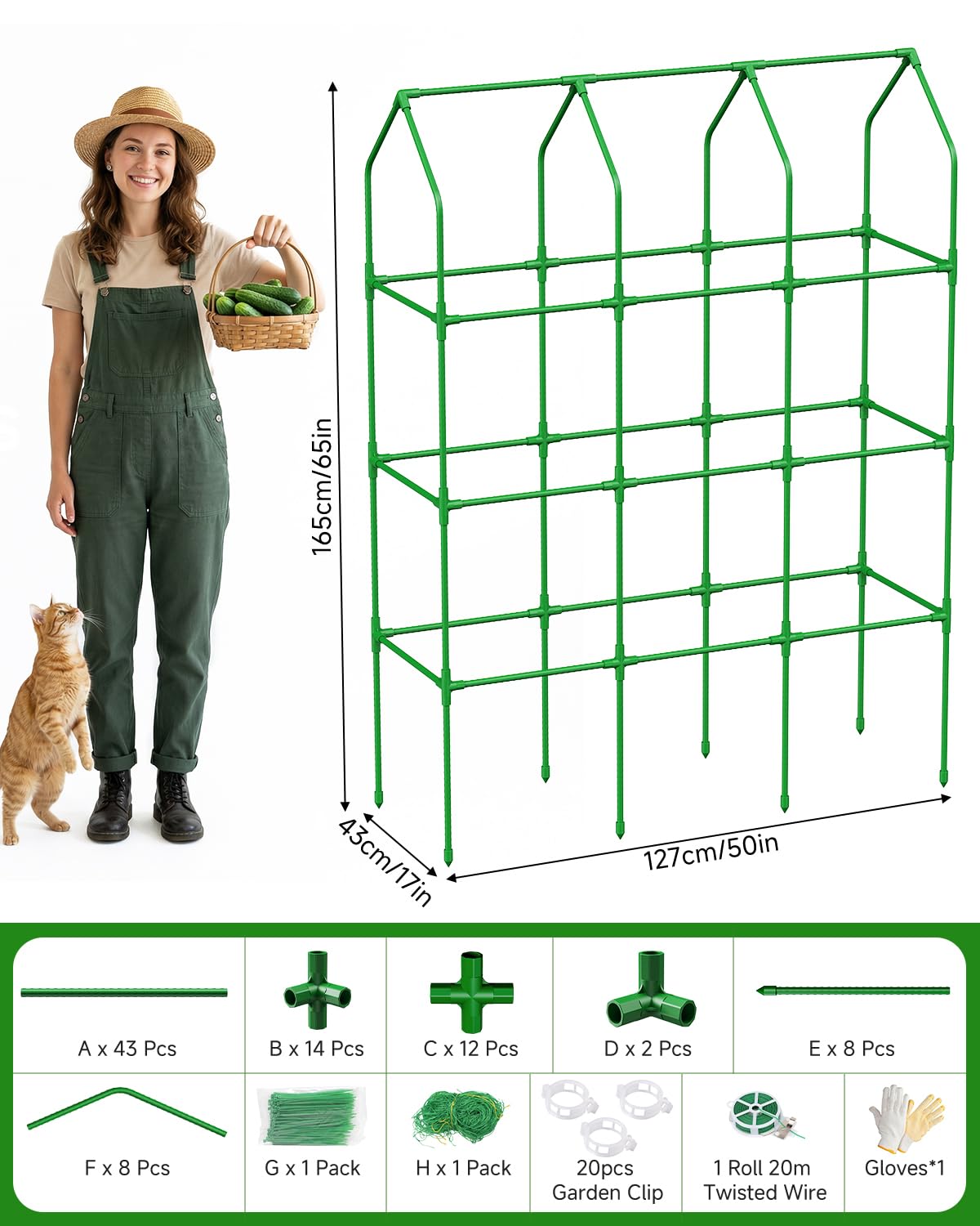 65" Cucumber Trellis for Climbing Plants Outdoor, Metal Garden Trellis for Raised Bed, Plant Support Structures with Netting for Cucumbers Tomatoes Beans Peas (50 * 17 * 65inch(L*W*H), Trellis)