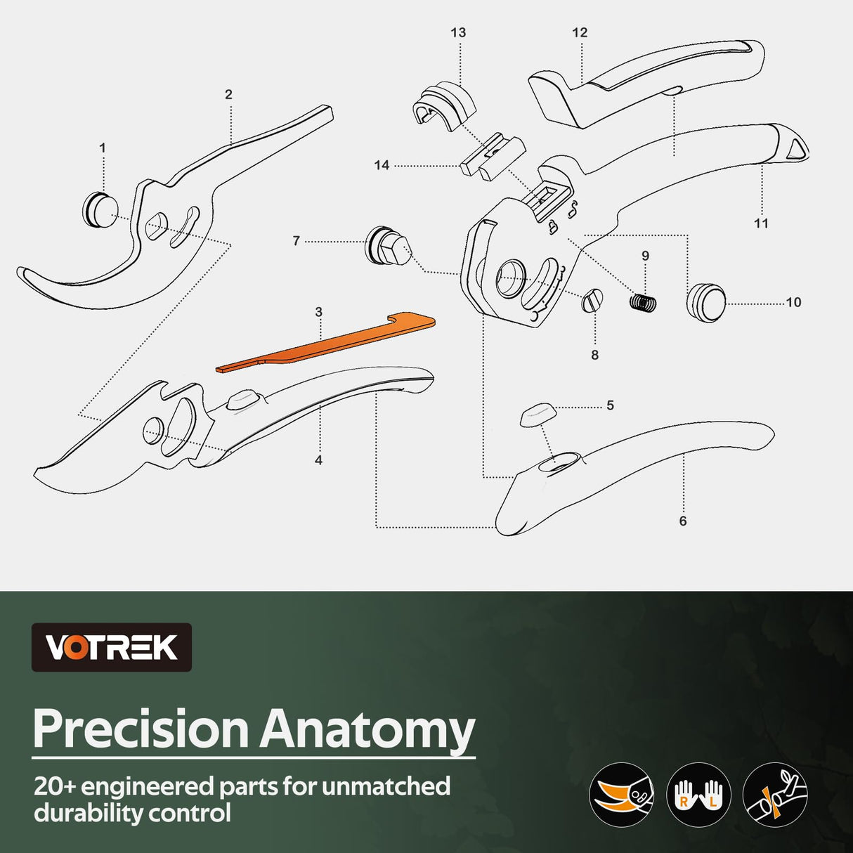 VOTREK® Pruning Shears, Patented Stepless Handle Opening for All Hand Size
