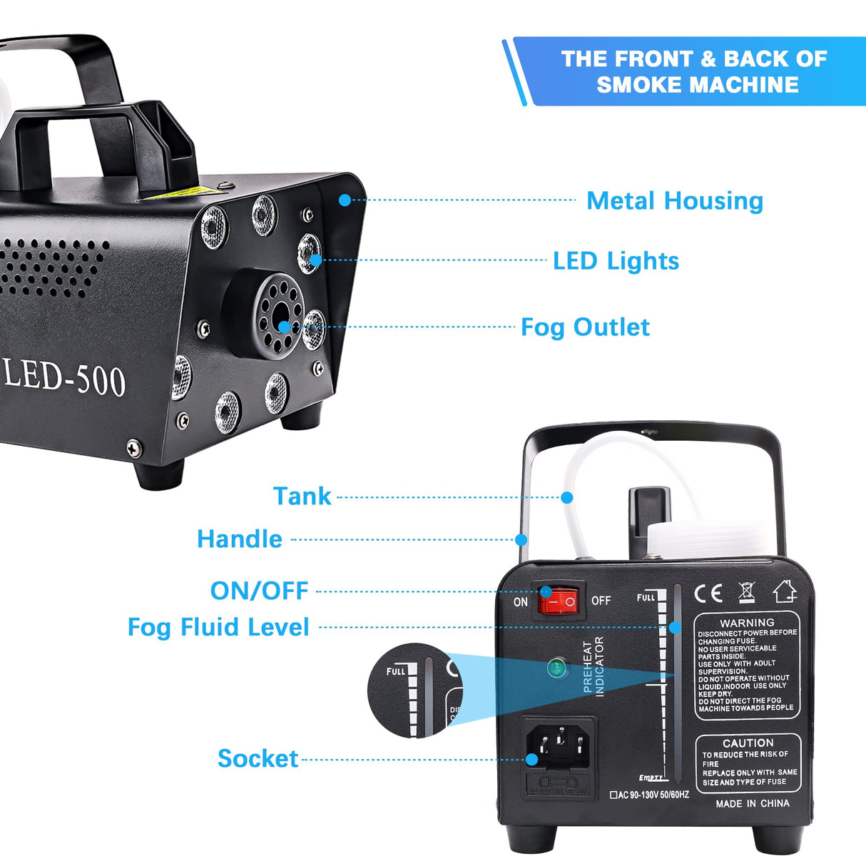 Upgraded Fog Machine, Mini Smoke Machine 2000CFM Fog Output 8 LED 13-colors Lights with Wireless Remote Support Timing, 500W Auto Spray Fogger for Christmas Halloween Party DJ Show Wedding Indoor Use